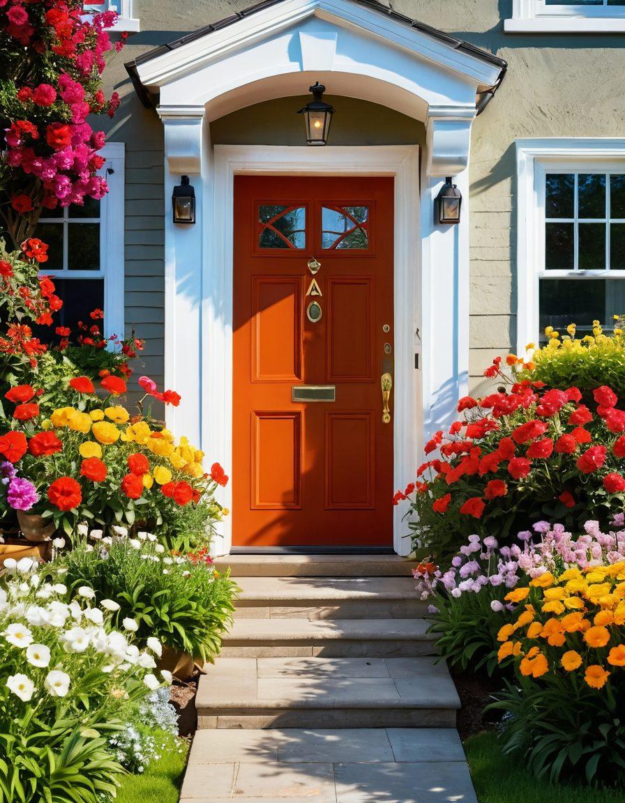 A welcoming front door of a cozy home opening to a vibrant garden filled with blooming flowers, symbolizing happiness and new beginnings. In the background, a diverse group of people joyfully interacting with a real estate agent, exploring possibilities of home ownership. The scene is bright and inviting, radiating warmth and optimism. warm colors. super-realistic. vibrant and lively atmosphere.