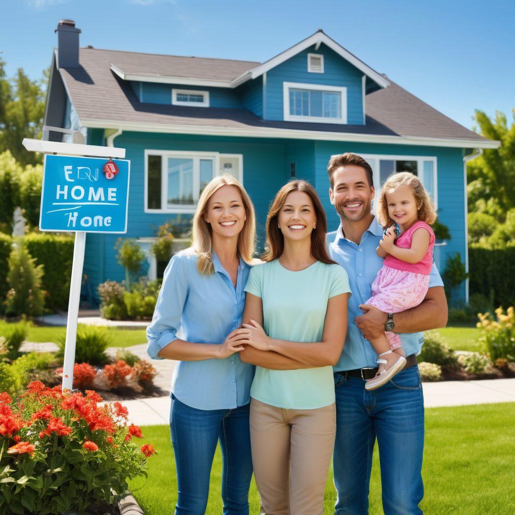 A happy family standing in front of their newly purchased home, surrounded by a lush garden and a clear blue sky. A friendly realtor is presenting them with keys, showcasing a sense of joy and accomplishment. In the background, there are houses with 'SOLD' signs. The scene conveys warmth, trust, and the excitement of home buying. vibrant colors. super-realistic.
