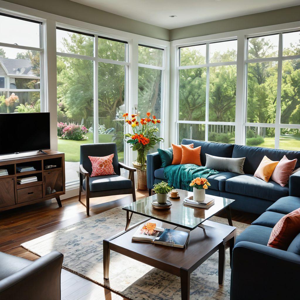 A cozy and inviting living room with large windows showcasing a beautiful suburban neighborhood. The scene includes a happy family reviewing a vibrant real estate listing on a tablet, with coffee mugs on a coffee table. In the background, lush greenery and colorful flowers add charm, while the sunlight streams in, creating a warm atmosphere. Modern interior design elements surround them, enhancing the feeling of home. super-realistic. vibrant colors. 3D.